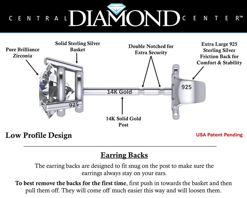 Central Diamond Center 14K Gold Post & Sterling Silver Made with Swarovski Zirconia 3 Prong Martini Stud Earrings - Platinum Plated 6.50mm 2.00cttw - Image 2
